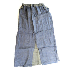 FLAX Linen Skirt Small Blue Denim Boho Lagenlook Natural Pull On Stretch Pockets
